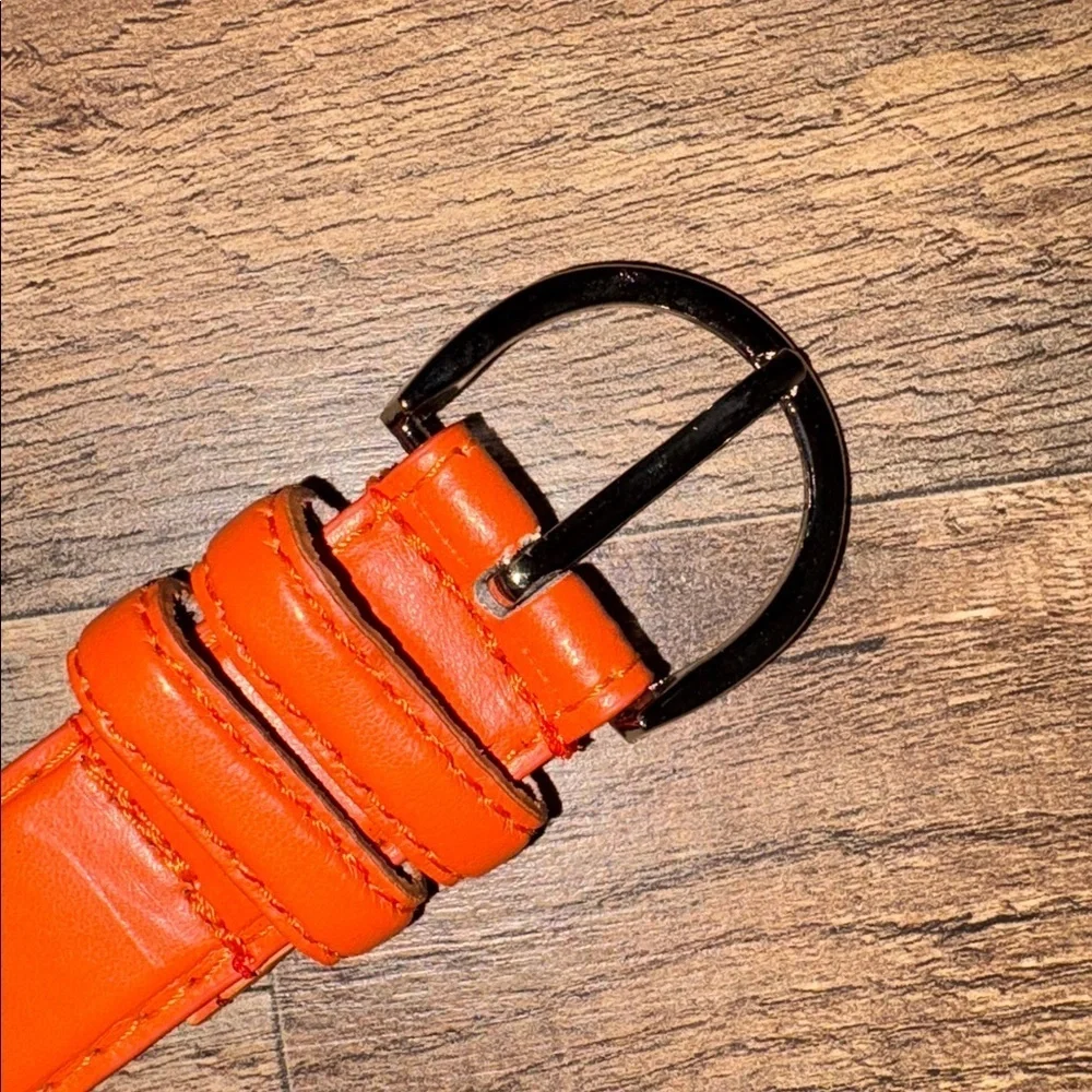 Bright Orange Genuine Leather Vintage 90s Belt Silver Buckle Large 36/38/40 - Picture 2 of 15
